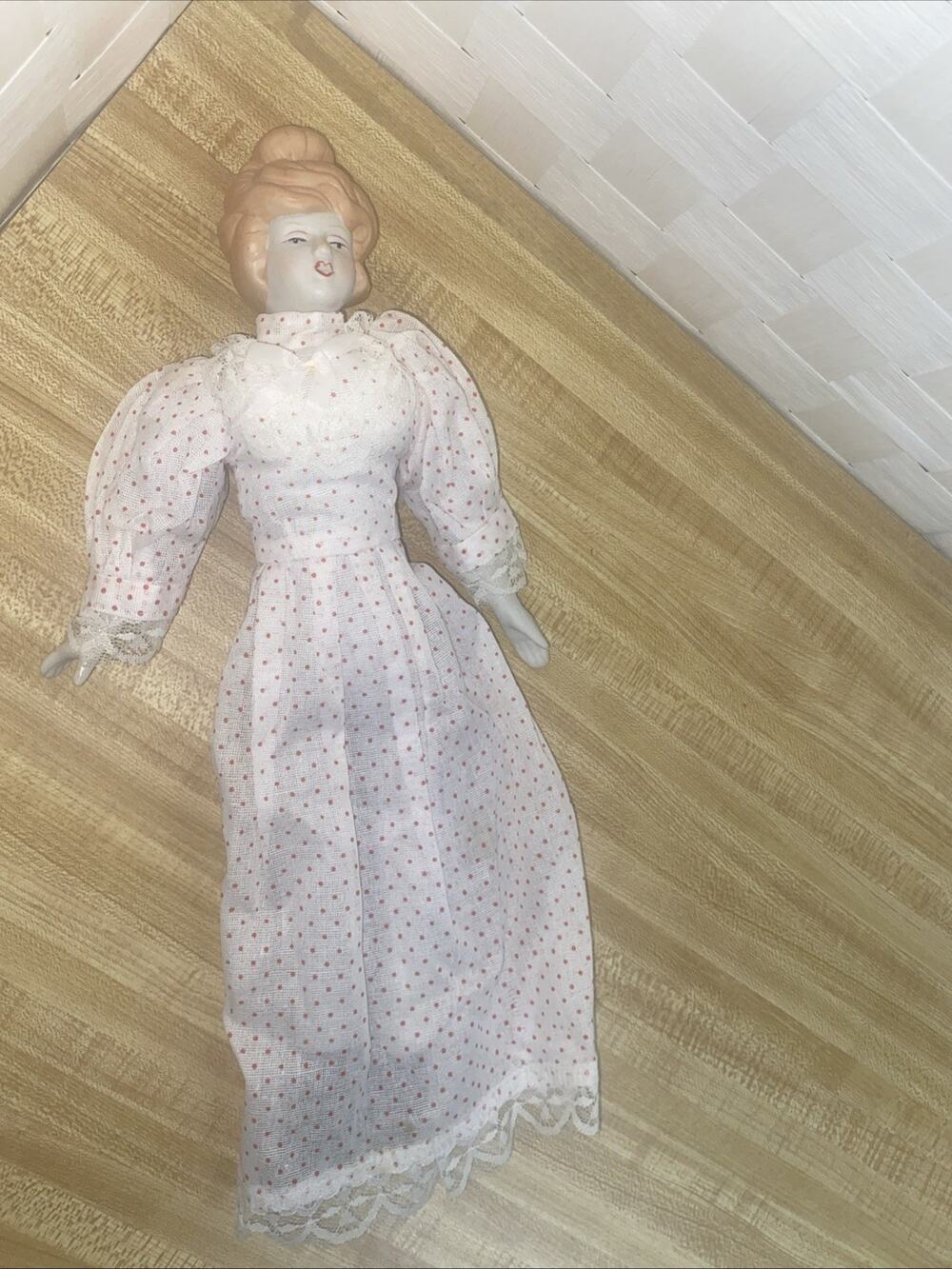 Vintage Porcelain Head Hands Legs Gibson Girl Style Doll 17" Polka Dots Dress